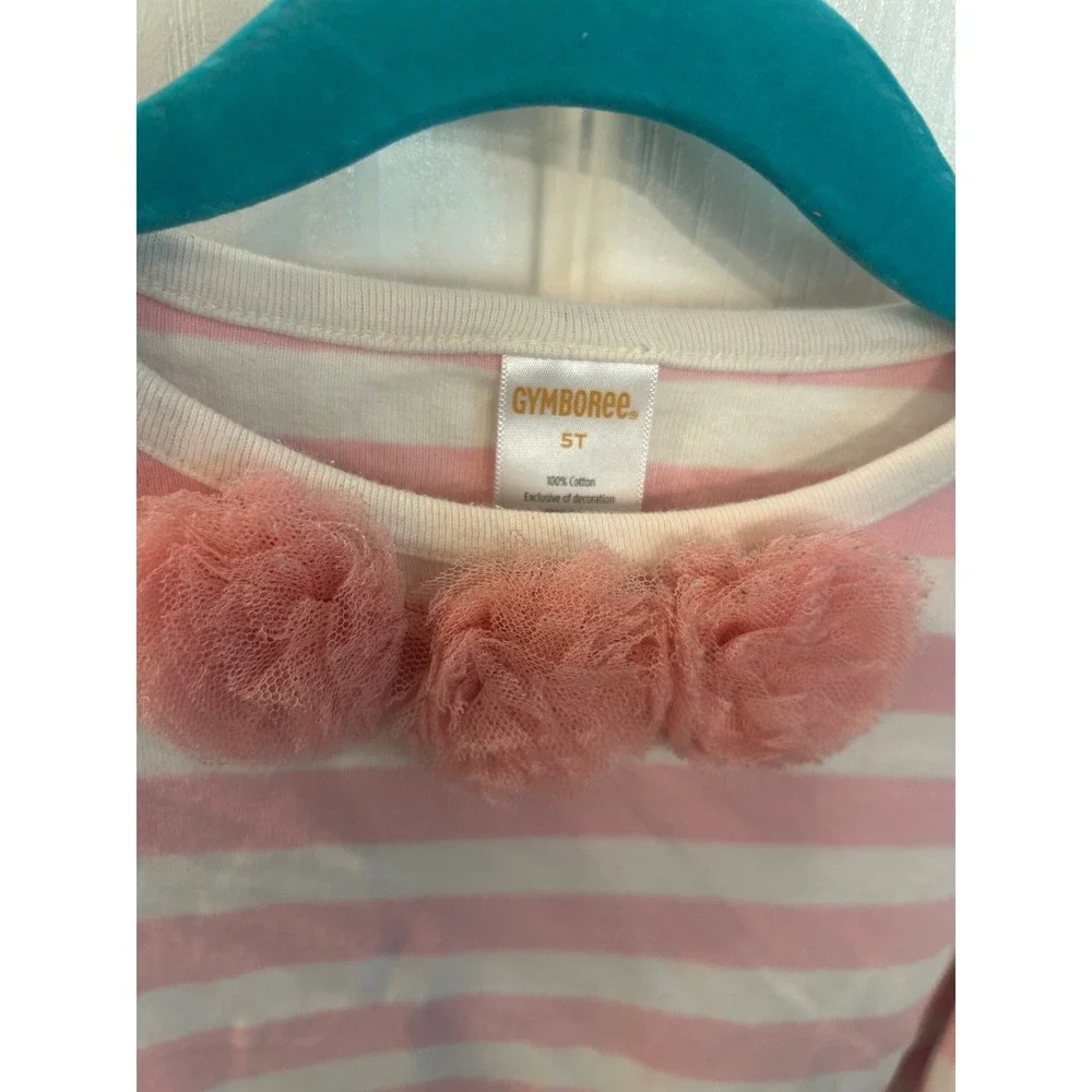 Gymboree Peplum Top Pink White Striped Pom Pom Long Sleeve Girls Shirt 5T